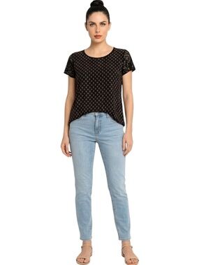 Rafaella Geometric Lace Sleeve Top Medium Black White Boho Chic Business Casual